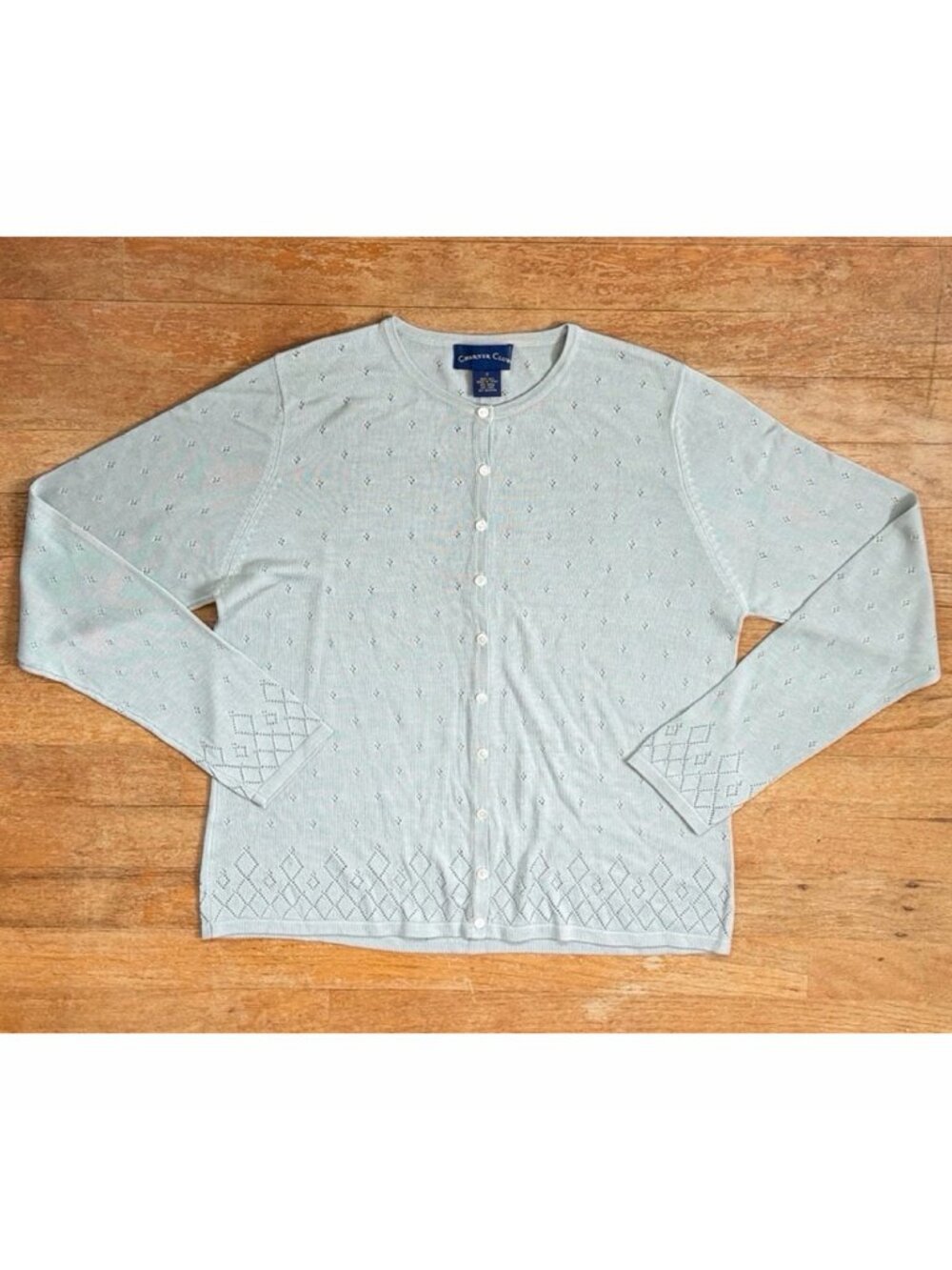 Vintage Sage Green Eyelet Knit Silk Cardigan Womens Sweater Size Small Argyle 90